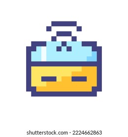 Wireless transfer money pixelated RGB color ui icon. Transmit cash electronically. Simplistic filled 8bit graphic element. Retro style design for arcade, video game art. Editable vector isolated image