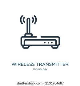 Wireless Transmitter Thin Line Symbol. Transmitter, Netzwerk-Linearsymbole vom Technologiekonzept isoliertes Rahmenzeichen. Vektorgrafik-Symbol-Element für Webdesign und Apps.
