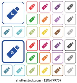 Wireless usb stick color flat icons in rounded square frames. Thin and thick versions included.