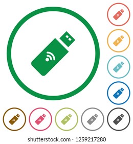 Wireless usb stick flat color icons in round outlines on white background