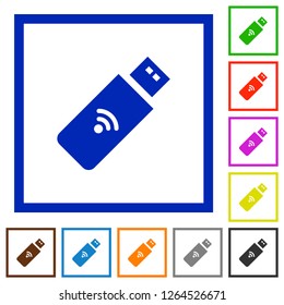 Wireless usb stick flat color icons in square frames on white background