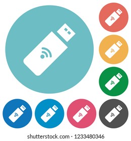 Wireless usb stick flat white icons on round color backgrounds