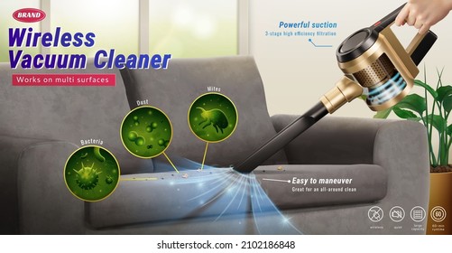 Wireless vacuum cleaner banner ad. 3D Illustration of a hand holding wireless vacuum cleaner cleaning home sofa having bacteria, dust, mites on the surface shown in closeup