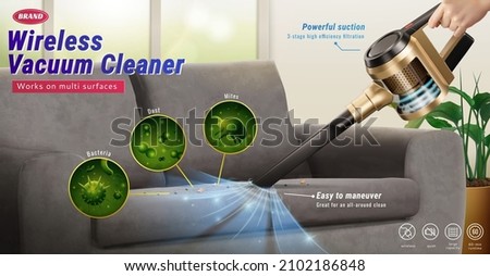 Wireless vacuum cleaner banner ad. 3D Illustration of a hand holding wireless vacuum cleaner cleaning home sofa having bacteria, dust, mites on the surface shown in closeup