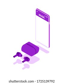 Wireless vacuum headphones with charging case next to a smartphone with a music application. Vector isolated isometric illustration in violet colors on a white background.