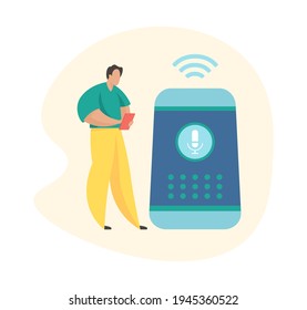 Wireless virtual assistant. Male cartoon character standing near smart speaker. Smart speaker apps development. Flat vector illustration