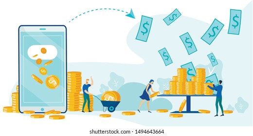 Wireless Virtual Money Transfer. E-wallet App. Cartoon People Character Receiving Dollars from Phone and Putting Cash on Table Metaphor. Financial Transactions. Electronic Invoice. Vector Illustration