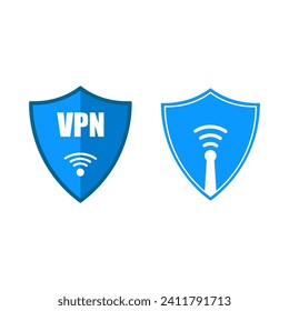 Wireless VPN Wi-Fi screen and no VPN icon, vector illustration set. Wi-Fi signal symbols on a security shield