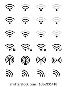 Wireless And Wave Icons Set. Technology Phone Network. Computer Communication With Wifi. Vector Symbols Of Radio, Connection, Signal. Black Sign Of Web Safety, Security. Public, Mobile And Free Wifi. 