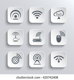 Wireless and Wi Fi Web Icons Set for Remote Access and Communication Via Radio Waves - Vector White App Buttons Design Element With Shadow. Trendy Design Template