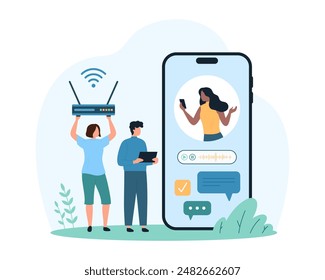 Wireless wifi connection, access to router. Tiny people holding router for high speed internet, use mobile applications for social media communication and chat messages cartoon vector illustration