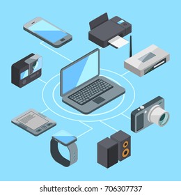 Wireless or wifi connection near laptop and other computer gadgets. Modem and router computer gadget connection, vector illustration