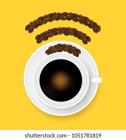 Wireless wifi hotspot sign  connection made with coffee beans. Vector Illustrator 