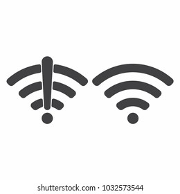 Wireless wifi icon sign flat design vector illustration set. On and no wifi internet signal symbols set in black color isolated on white background