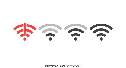 Wireless wifi icon sign flat design vector illustration set. On and no wifi internet signal symbols set in black color isolated on white background