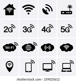 Wireless and Wifi icons. 2G, 3G, 4G and 5G technology symbols.