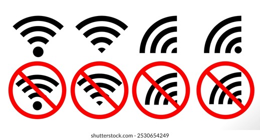 wireless or wifi internet connection icon set. wifi service and no wifi icons collection. wireless technology icons. wifi available symbol isolated.	