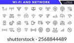 Wireless Wi-fi and network line icon set. Connection, Signal, Website, mobile, Wireless, Communication, Computer outline icon pack. UI thin line icon design