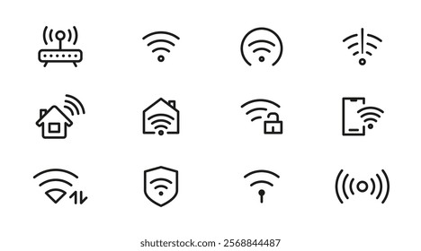 Wireless Wi-fi and network line icon set. Connection, Signal, Website, mobile, Wireless, Communication, Computer outline icon pack. UI thin line icon design