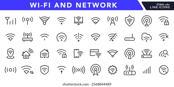 Wireless Wi-fi and network line icon set. Connection, Signal, Website, mobile, Wireless, Communication, Computer outline icon pack. UI thin line icon design