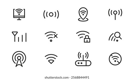 Wireless Wi-fi and network line icon set. Connection, Signal, Website, mobile, Wireless, Communication, Computer outline icon pack. UI thin line icon design