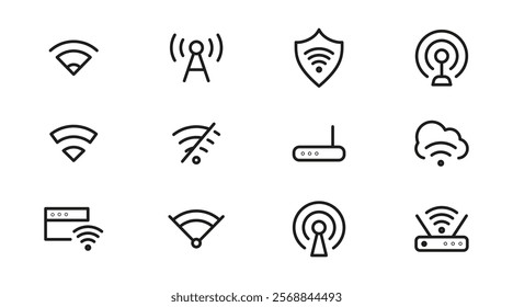 Wireless Wi-fi and network line icon set. Connection, Signal, Website, mobile, Wireless, Communication, Computer outline icon pack. UI thin line icon design