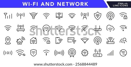 Wireless Wi-fi and network line icon set. Connection, Signal, Website, mobile, Wireless, Communication, Computer outline icon pack. UI thin line icon design