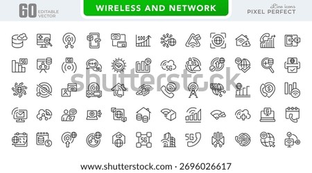 Wireless Wi-fi and network line icon set. Connection, Signal, Website, mobile, Wireless, Communication, Computer outline icon pack. UI thin line icon design