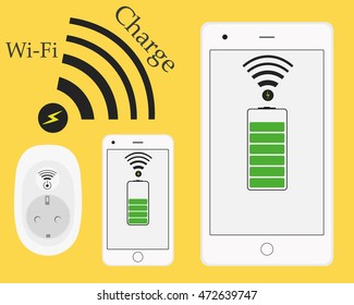 Wireless Wi-Fi phone and tablet charging. Innovative technologies. Socket charger from a distance without wires. Vector illustration. Smart connection. Flat style. EPS 10. Wireless Wi-Fi phone. Wi-Fi.