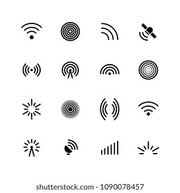 Wireless wifi and radio signals icons. Antenna, mobile signal and wave vector symbols isolated. Radio antenna and wireless network illustration