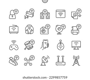 WLAN und WLAN. Remote-Internetzugang. Digitalkamera. Drahtlose Bezahlung. Pixel Perfect Vector Thin Line Icons. Einfaches Minimal-Piktogramm