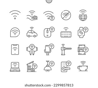 Wifi e Internet inalámbrico. Acceso remoto a Internet. Auriculares inalámbricos. Wifi para portátiles. Iconos De Línea Delgada De Vector Perfecto De Pixel. Pictograma mínimo simple