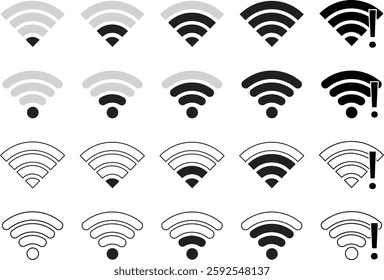 Wireless Wi-Fi signal icon set. Internet icon symbol sign isolated on transparent background. Mobile wireless signal strength indicator. Router wave, Broadcast, Communication antenna signs concept.