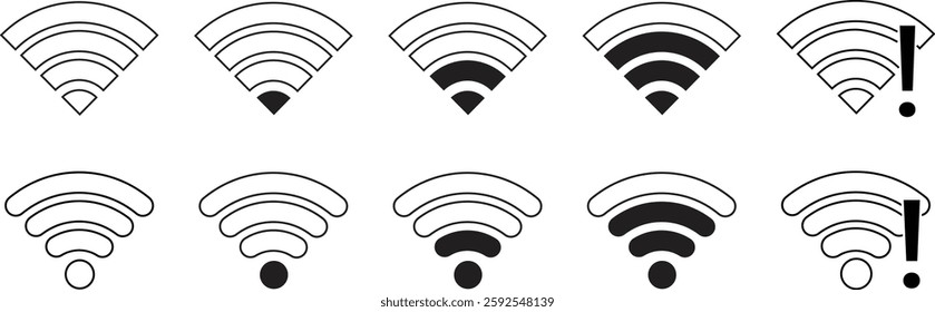 Wireless Wi-Fi signal icon set. Internet icon symbol sign isolated on transparent background. Mobile wireless signal strength indicator. Router wave, Broadcast, Communication antenna signs concept.