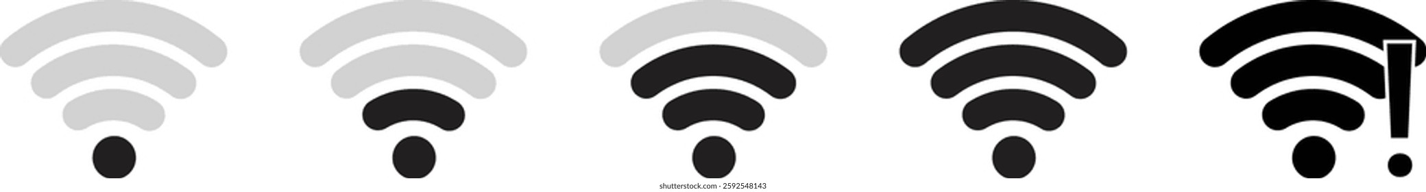 Wireless Wi-Fi signal icon set. Internet icon symbol sign isolated on transparent background. Mobile wireless signal strength indicator. Router wave, Broadcast, Communication antenna signs concept.