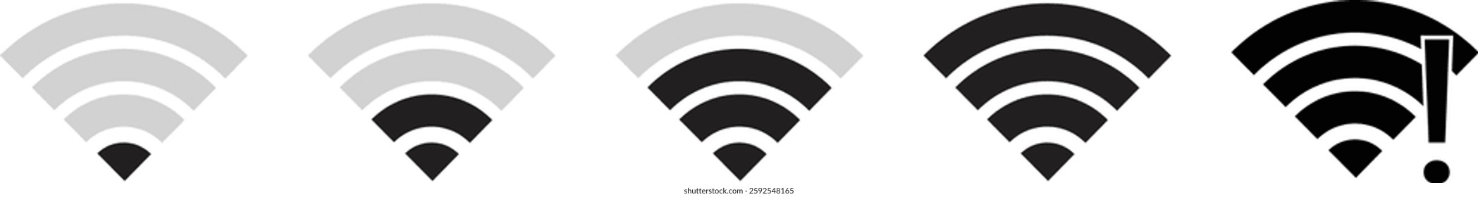 Wireless Wi-Fi signal icon set. Internet icon symbol sign isolated on transparent background. Mobile wireless signal strength indicator. Router wave, Broadcast, Communication antenna signs concept.