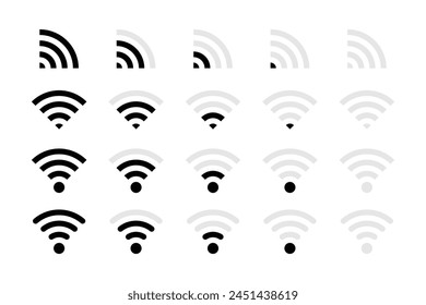 Wireless Wifi Signal Icons. Wi-Fi and Radio Symbols Network Signs. Internet Signal Waves. Free mobile and computer Wi-Fi  Connection, Signal with a Router Antenna. Vector.