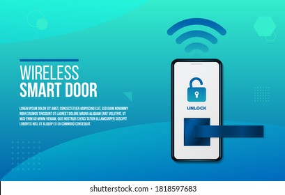 Drahtloser oder WiFi-Schutz für intelligente Türen, Anwendungsschlüssel für mobile Geräte, Innovation. Ein blaues Smartphone auf modernem Hintergrund. Vektorgrafik.