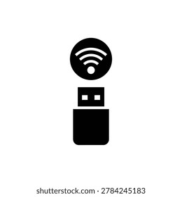 Wireless WiFi USB Flash Drive Glyph Icon. Black glyph icon showing a USB flash drive combined with a wireless WiFi signal indicator.
