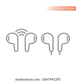 Wireless and wired earbuds line icon. Earphones, in ear buds or headphones with cable and wi fi vector.
