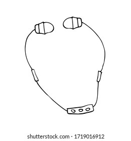 Auriculares inalámbricos y cableados, líneas negras, garabatos. Auriculares vectores en fondo blanco.