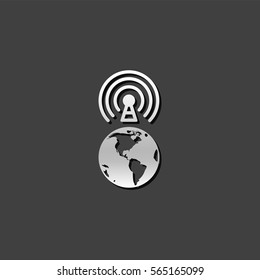 Wireless world icon in metallic grey color style. Internet communication connection