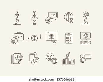 Wireless worldwide network thin line icon set. Transmitter tower, signal, satellite antenna, global net isolated sign pack. Communication services concept. Vector illustration symbol elements for apps