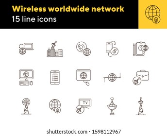 Wireless worldwide network thin line icon set. Transmitter tower, signal, satellite antenna, global net isolated sign pack. Communication services concept. Vector illustration symbol elements for apps
