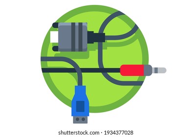 Wires connectors USB, video wire for display, audio jack. Flat vector icons illustration isolated on white background.