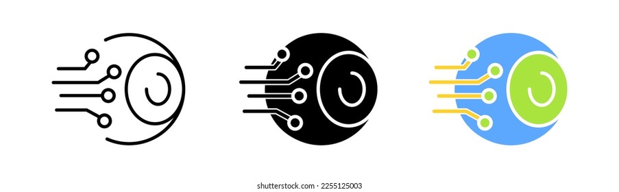 Alambres en el icono de conjunto de ojos. Electrónica, redes neuronales, almacenamiento, CPU, robot, inteligencia artificial. Concepto tecnológico. Icono de vector en línea, estilo negro y colorido sobre fondo blanco