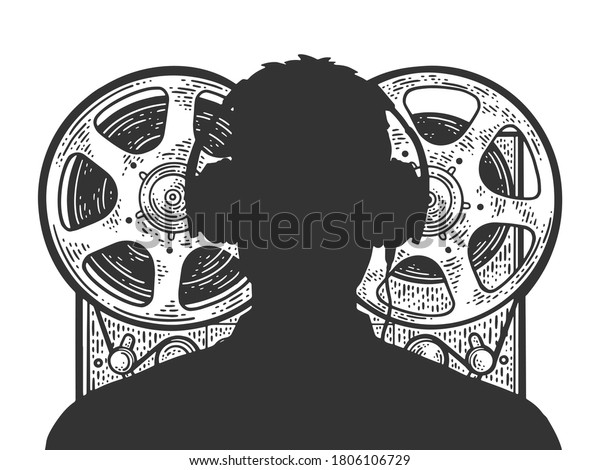 Wiretapping. Silhouette of special services agent\
and recording tape recorder sketch engraving vector illustration.\
T-shirt apparel print design. Scratch board imitation. Black and\
white image.