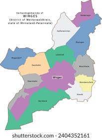 Wirges verbandsgemeinde map of Westerwaldkreis district Rhineland-Palatinate (Rheinland-Pfalz) state in Germany. Vectored. Retro colors