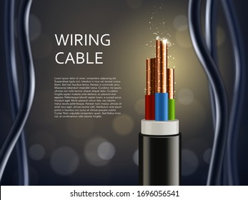 Wiring cable with copper shine sparks, vector poster. Realistic wire cable in cut with connection color wires, electricity, internet and television cable technology background