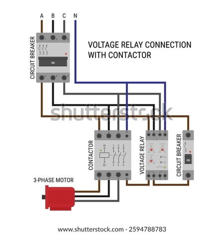Wiring diagram of a voltage relay and contactor setup for 3-phase motor control. Vector illustration isolated on a white background